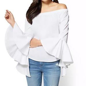 NY & CO Flounced Off Shoulder Shirt Denim BLUE Size Large New